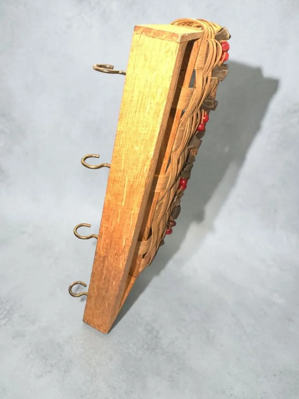 Woven Wall Basket With Key Hooks & Handle – Natural Wood & Red Bead Accents